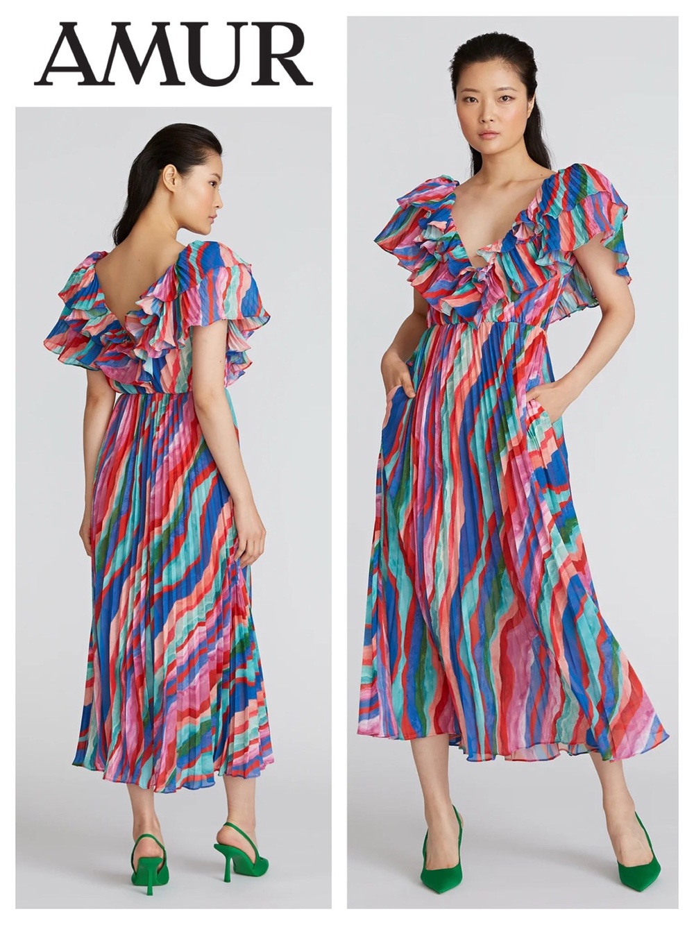AMUR Luisa Pleated Midi Dress in Aventurine Marble